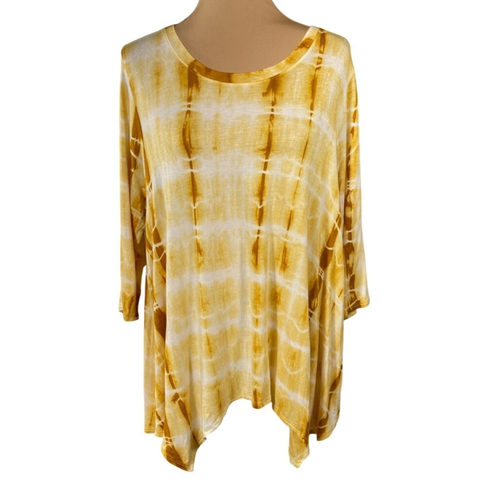 Green Envelope Knit Top Size 1X Yellow White Tie Dye Stretch